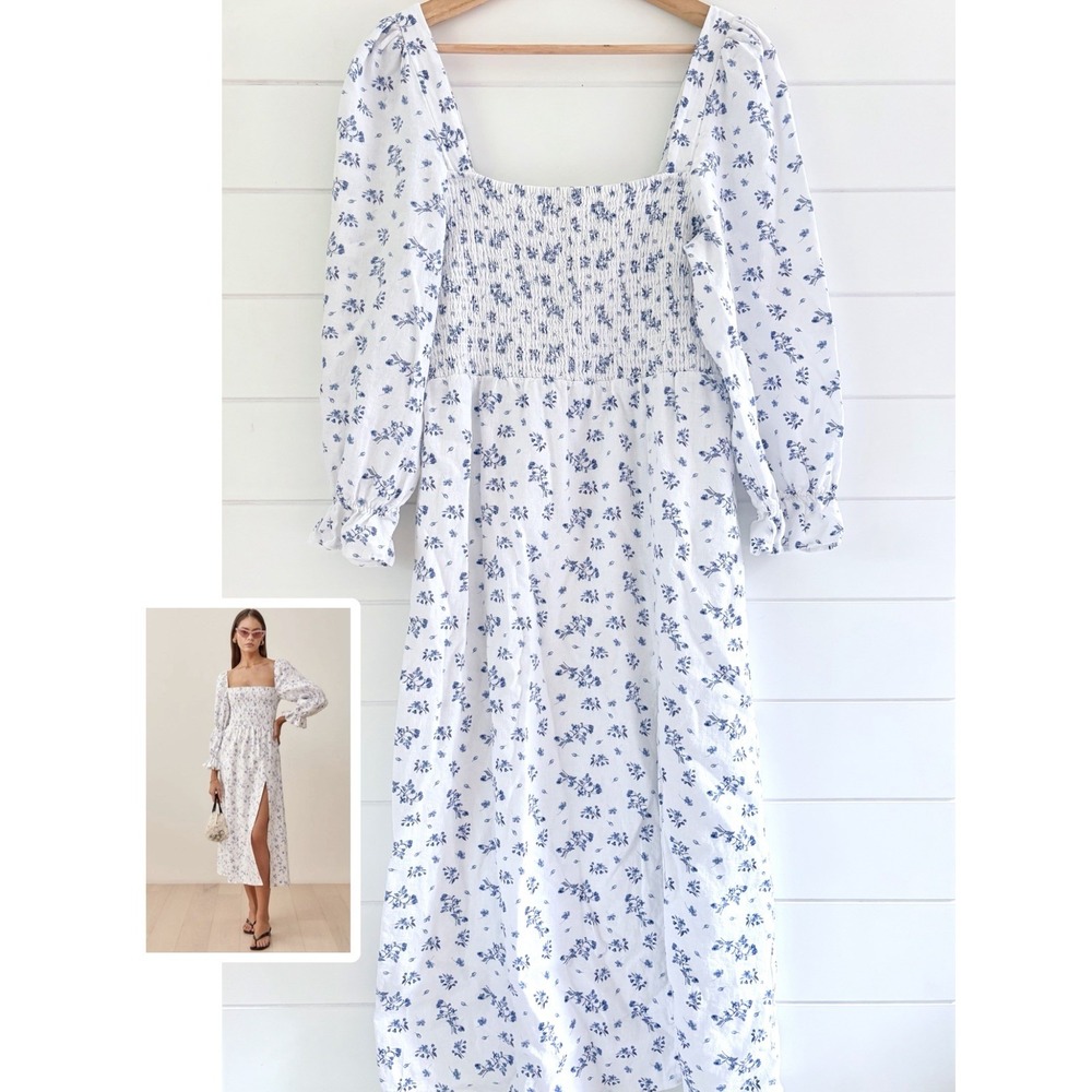 House of Harlow Ditsy Floral Smocked Midi Dress Linen Blend White Square Neck L
